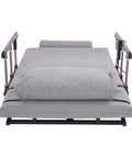 Heavy Duty Electric Lifting Backrest For Bed With 2-80° Power Adjustment And Massive 661 Lb Capacity Featuring Remote Control, Foldable Armrests, Built-In Pillow, and Comfortable Footrest Assembly For Ultimate Sitting Support, grey fabric backrest view.