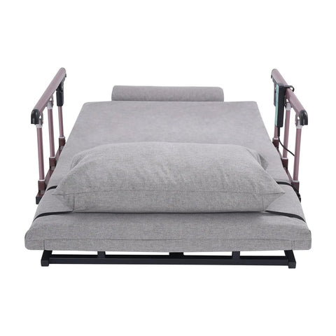 Heavy Duty Electric Lifting Backrest For Bed With 2-80° Power Adjustment And Massive 661 Lb Capacity Featuring Remote Control, Foldable Armrests, Built-In Pillow, and Comfortable Footrest Assembly For Ultimate Sitting Support, grey fabric backrest view.