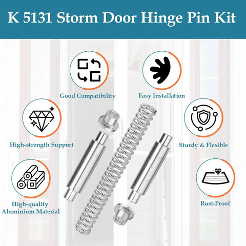 Solid As A Rock Quality Heavy Duty Aluminum Storm Door Hinge Pin Kit For Andersen Croft Emco And More 4 Pack shown with accessories and features.