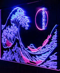 Great Wave Neon Sign Wall Decor LED Light With Lit Blue And White Glow 24 By 16 Inches Handmade Japanese Wave Art for wall display