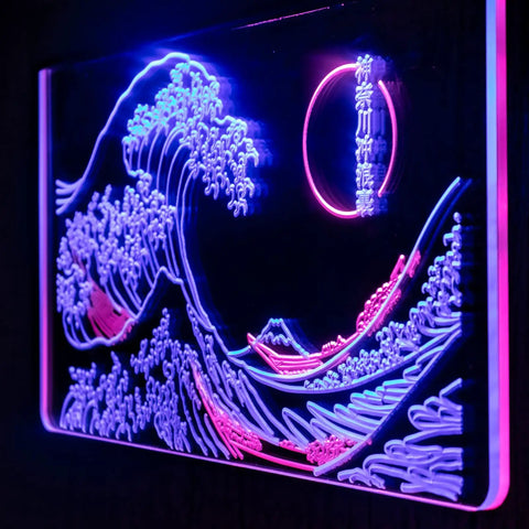 Great Wave Neon Sign Wall Decor LED Light With Lit Blue And White Glow 24 By 16 Inches Handmade Japanese Wave Art for wall display