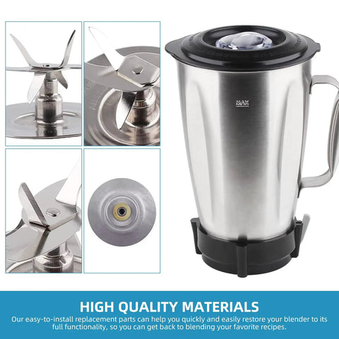 Pro 1200 Blender Replacement Parts Kit With Stainless Steel Cutter Blade Jar Base Cap And Four Silicone Gaskets Complete Workhorse Go To 3 In 1 Set For 1200 Series Blenders, stainless steel jar and blade close-up