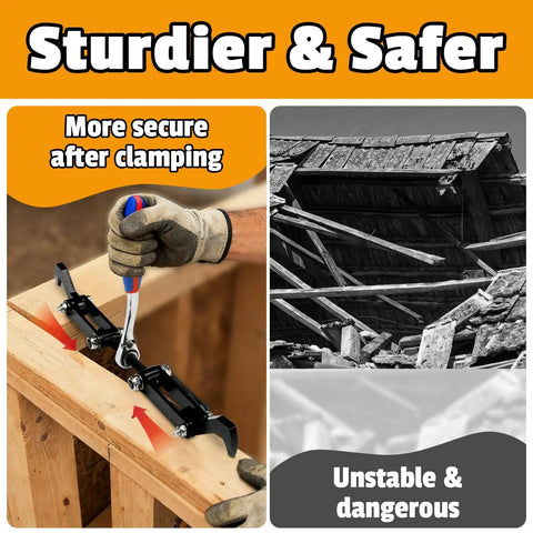 Heavy Duty Beam Puller Tool With Iron Hooks And Reversible Ratchet in use, clamping a beam securely with one hand.