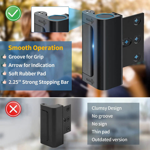 Heavy Duty Aluminum Door Lock Reinforcement For Front Doors Tough As Nails Kick Resistant Security Latch Withstand 800 Lbs Anti Kick In Protector Child Proof Rust Resistant Easy Install Durable Door Safety Hardware showing smooth operation features and comparison with outdated version.