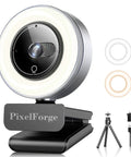 Hella Crisp 4K Webcam For PC With Built In Mic And Soft Ring Light Plus Manual Privacy Cover, showing adjustable ring light and tripod.