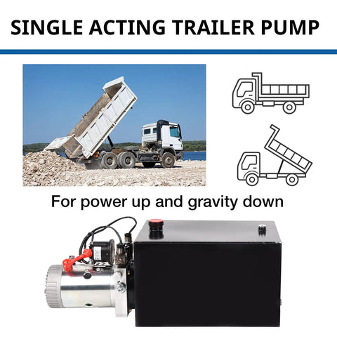 Beefy 12V DC Hydraulic Power Unit With 20 Quart Reservoir, 3200 PSI Single Acting Pump for dump trailer lift shown with truck