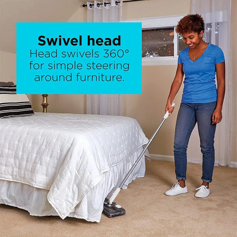 No Fuss Grab And Go Cordless Floor Sweeper features a 360° swivel head for easy maneuvering around furniture.