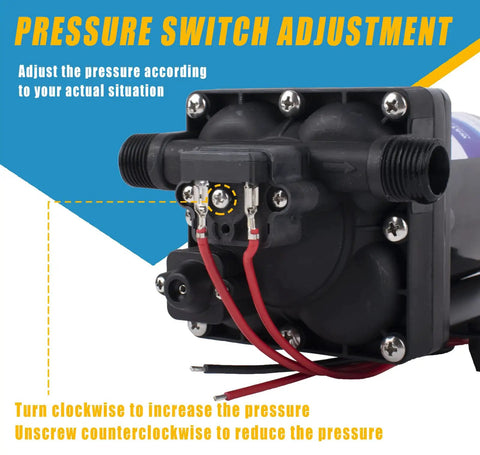 Pressure switch adjustment on 12V DC Diaphragm Water Pump Self Priming 3.0 GPM At 55 PSI for RVs Boats Yachts