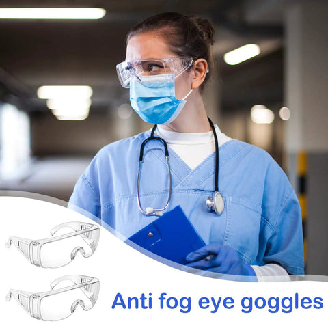 "Over Glasses Safety Goggles For Men Women Nurses Workers Architect Lab 30 Pack Dust Proof Scratch Resistant Polycarbonate Frame Protective Eyewear worn by nurse"