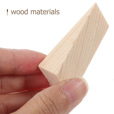 Hand holding a wedge from Heavy Duty Wooden Door Stop Wedges 5 Pack Triangular Door Holder Protects Walls At Home Office And Store Use Durable Reusable Stopper Keeps Doors From Slamming.