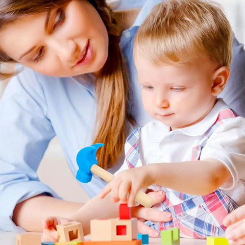 Wooden Hammer Toy Set For Kids Educational Hands On Pretend Play Tools Durable Safe Wood Kid Friendly Blue Color Great For Learning Building Party Games And DIY Fun, mother and child playing