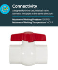 2x2 Inch Slip Schedule 40 PVC Quarter Turn Ball Valve For Inline Plumbing 150 PSI, red handle, front view, max 140°F
