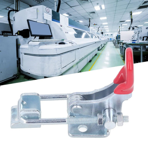 Heavy Duty Toggle Latch Clamp With Adjustable Design For Quick Fixing, Features High Strength Hot Rolled Steel Build To Hold Up To 320KG With Flexible Tension Control For Doors And Gates Without Any Issues. red handle clamp for machine shop gate