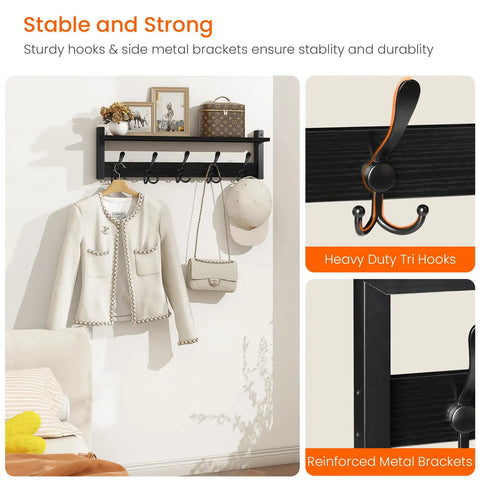 Coat Rack With Shelf And Tri Hooks Wall Mounted 24 Inch Wooden Hanging Coat Hanger For Entryway Bathroom Mudroom And Bedroom Black Finish With Stable Iron Frame For Everyday Use