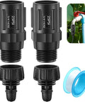 Two Pack Drip Irrigation Faucet Adapter Kit With 25 PSI Pressure Regulator For Garden Hose 1/4 Inch Drip Tubing To 3/4 Inch Faucet Connectors Includes Plumbing Tape And Replacement Adapters.