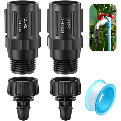 Two Pack Drip Irrigation Faucet Adapter Kit With 25 PSI Pressure Regulator For Garden Hose 1/4 Inch Drip Tubing To 3/4 Inch Faucet Connectors Includes Plumbing Tape And Replacement Adapters.