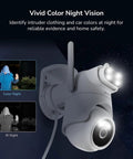 Wireless Dual-Lens 2K Outdoor Security Camera System with 360 Degree PTZ Auto Tracking and Night Vision in vivid color mode.