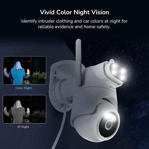 Wireless Dual-Lens 2K Outdoor Security Camera System with 360 Degree PTZ Auto Tracking and Night Vision in vivid color mode.
