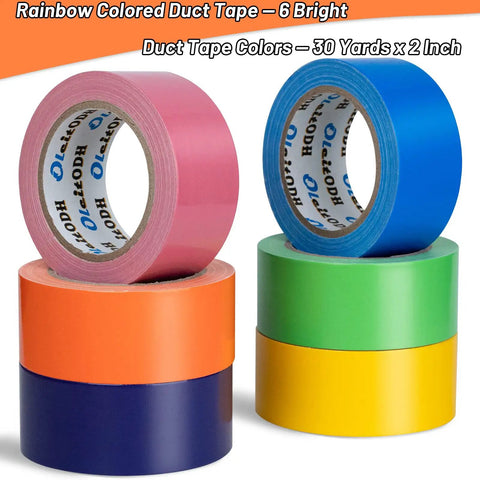 Rainbow Duct Tape Bulk 6 Pack 2 Inch Wide Each Roll 30 Yards 180 Yards Total Assorted Colors with visible pink and blue rolls