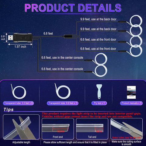 Diagram of Smart Interior LED Car Lights With USB Port Fiber Optic Ambient Lighting Kit installation and components.