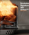 Side view of Smokeless 27 Inch Fire Pit For Outdoor Wood Burning, showing interior design and 360° airflow, stainless steel