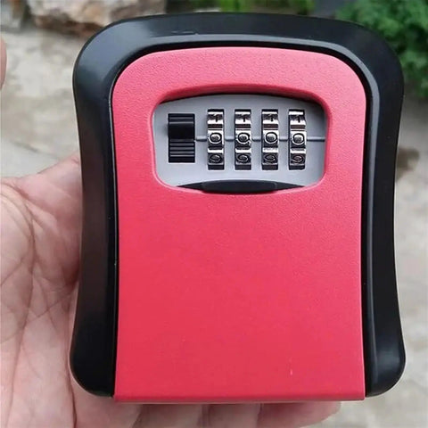Solid Aluminum 4 Digit Combo Lock Storage Box For Home Or Office, showing red anti-theft key storage with keypad.