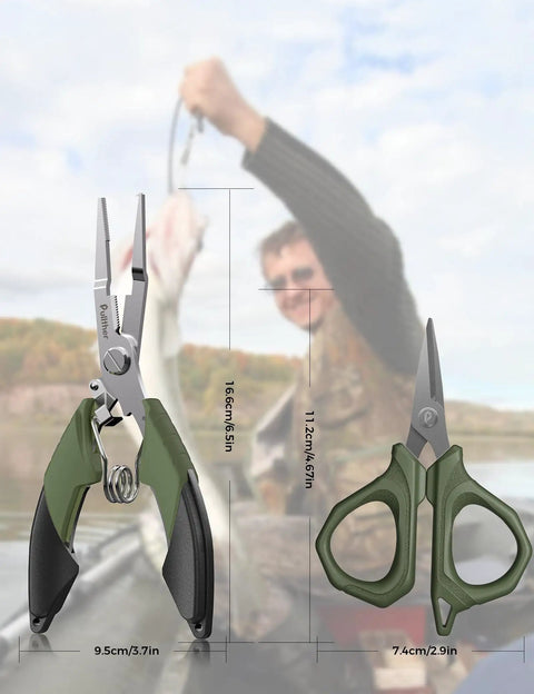 Decked-Out Fishing Tools Kit with 6.5 inch pliers and 4.6 inch scissors in front of fisherman, size details shown