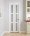 Heavy Duty Interior Bifold Closet Doors Fits 24 X 80 Inch Opening, Three Lite Tempered Frosted Glass Panels in a home setting.