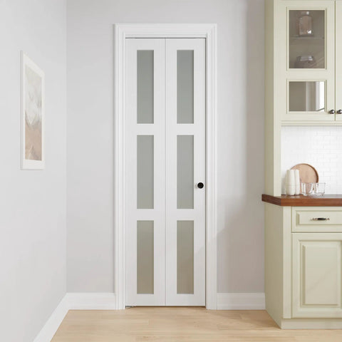 Heavy Duty Interior Bifold Closet Doors Fits 24 X 80 Inch Opening, Three Lite Tempered Frosted Glass Panels in a home setting.