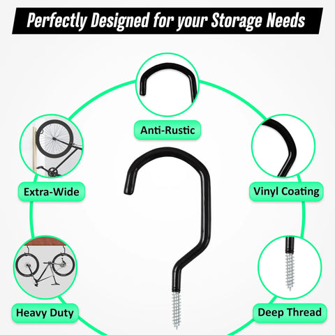 Six Pack Heavy Duty Garage Hooks For Wall And Ceiling Storage Perfect For Hanging Bikes Hoses Cords Garden Tools And More Durable Vinyl And Epoxy Coated Hooks Built Tough To Maximize Your Garage Organization And Free Up Real Estate image showing thick hanging hook with vinyl coating and deep thread screw.