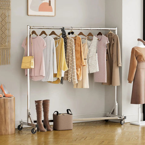 70 Inch Extra Long Garment Rack With Wheels Beefy Industrial Grade Heavy Duty Clothes Rack Chrome Finish with clothes