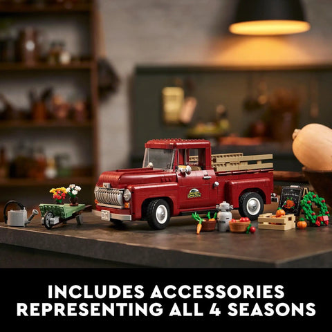 Icons 10290 Pickup Truck Building Set For Adults With Vintage 1950s Style And Seasonal Display Accessories on table