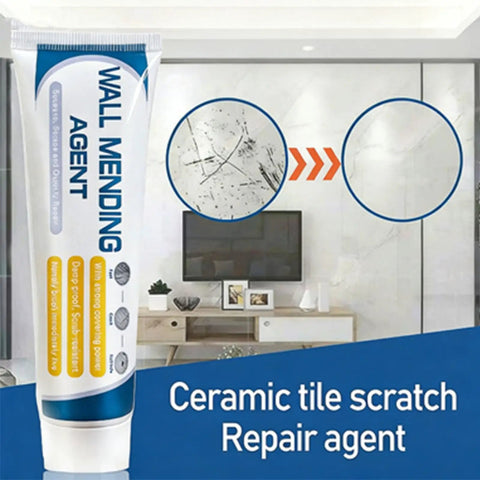 Drywall Repair Kit For Holes And Cracks, Quick-Drying Wall Mending Paste With Scraper displayed with wall repair result.