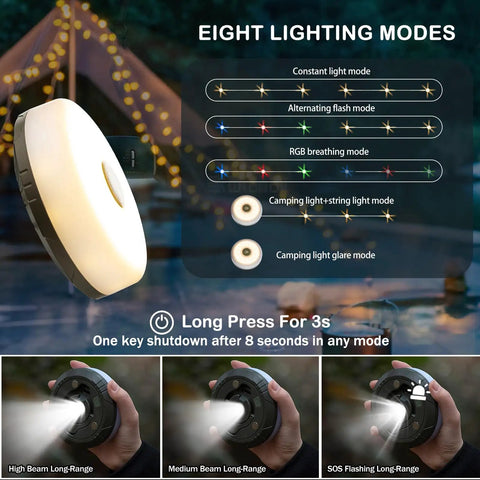 4 In 1 Camping Lantern And String Lights 32.8 Ft Outdoor Lighting Kit with 8 lighting modes highlighted