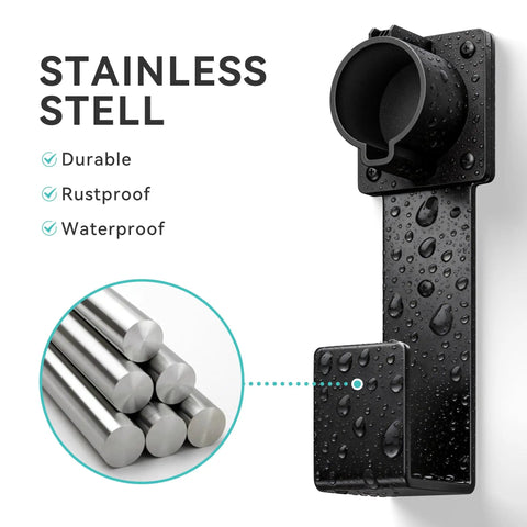 Heavy Duty Stainless Steel EV Charger Holder For J1772 Connectors wall mount, waterproof design, with nozzle holster for secure cord storage.