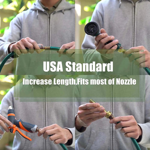 Close-up of hands connecting Three Foot Leader Hose For Garden Reels And Outdoor Faucets With Flexible PVC And Brass Fittings