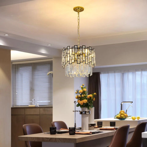 Dining area featuring Modern Crystal Chandelier With Metal Frame And K9 Crystals, Round Luxury Hanging Ceiling Light, 15.35 Inch