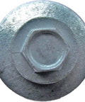 Top view of a 12 X 1.5 Inch Zinc Hex ReGrip Sheet Metal Roof Screw With Five Eighth Inch EPDM Washer, sharp point visible.