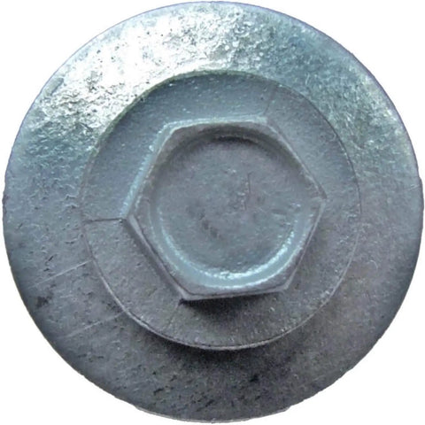 Top view of a 12 X 1.5 Inch Zinc Hex ReGrip Sheet Metal Roof Screw With Five Eighth Inch EPDM Washer, sharp point visible.