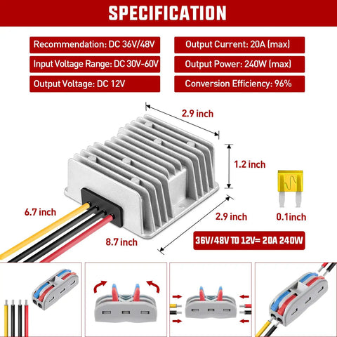 Heavy Duty DC To DC Step Down Converter Turns 48V Or 36V To 12V At 240W 20A Output, aluminum housing, dimensions shown.