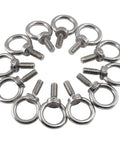 12 Pack M6 Lifting Eye Bolts 304 Stainless Steel arranged in a circle, showing 6mm thread and 12mm long with 17mm ring inner diameter