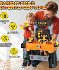 Child and adult playing with Kids Tool Bench With Electric Drill And Construction Vehicles 2 In 1 Workbench And Toolbox For Ages 3 To 5 STEM Learning Toys Kid Friendly Safe Non Toxic Plastic Great Birthday Gift For Boys And Girls, highlighting play benefits.