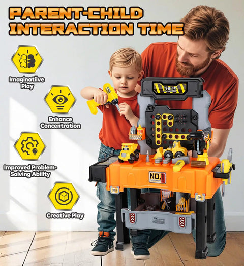 Child and adult playing with Kids Tool Bench With Electric Drill And Construction Vehicles 2 In 1 Workbench And Toolbox For Ages 3 To 5 STEM Learning Toys Kid Friendly Safe Non Toxic Plastic Great Birthday Gift For Boys And Girls, highlighting play benefits.
