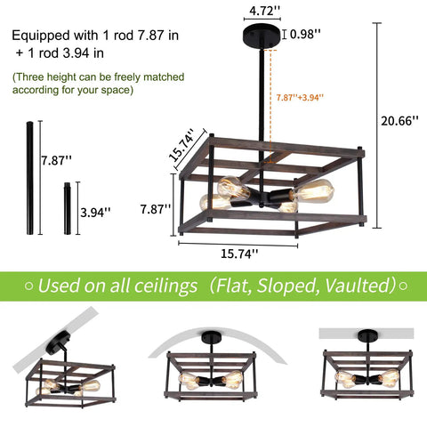 4 Light Farmhouse Semi Flush Mount Ceiling Light Rustic Wood And Black Metal Industrial Vibe Fixture For Living Room Dining Room Hallway Kitchen Entryway Now