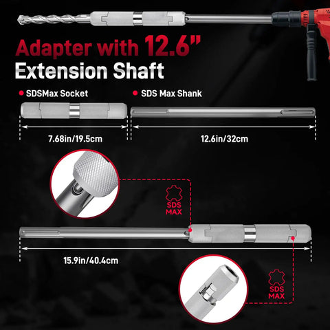Badass SDS Max To SDS Max Adapter With 12.6 Inch Extension Shaft For Rotary Hammer and Heavy Duty Concrete Drilling with dimensions.