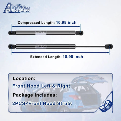 Diagram showing dimensions of a Pair Of Hood Lift Supports Gas Springs For Dodge Ram 1500 2500 3500 4500 5500 Replace Front Hood Shocks And Struts.