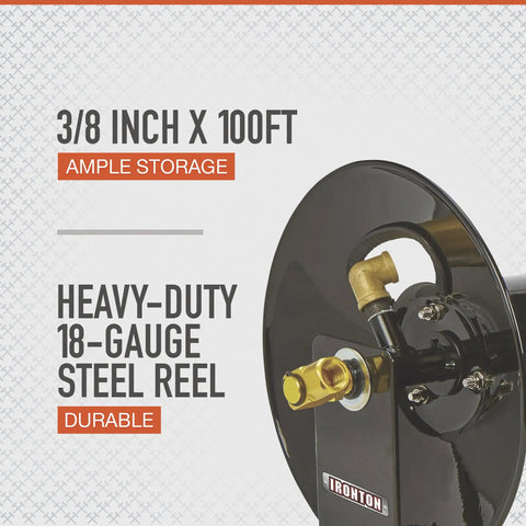 Beefy Heavy Duty Air Hose Reel for Three-Eighth-Inch by One Hundred-Foot Hose, 18-Gauge Steel with Powder-Coated Black Finish