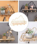 Golden Wall Mount Storage Rack With Heavy Duty Iron And Wood, Slick Hook Organizer For Kitchen Bedroom displaying decorative items.