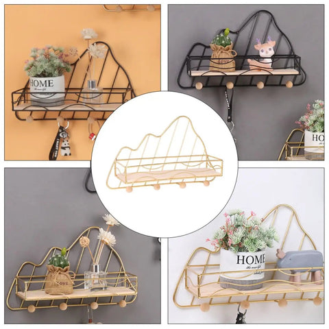 Golden Wall Mount Storage Rack With Heavy Duty Iron And Wood, Slick Hook Organizer For Kitchen Bedroom displaying decorative items.