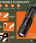 Zoomable flashlight with 220 lumens and three light modes, detailed usage instructions and features displayed on orange background.